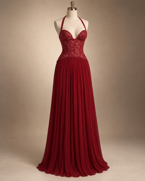 Bordeaux Lace Bodice Maxi Dress – Red
