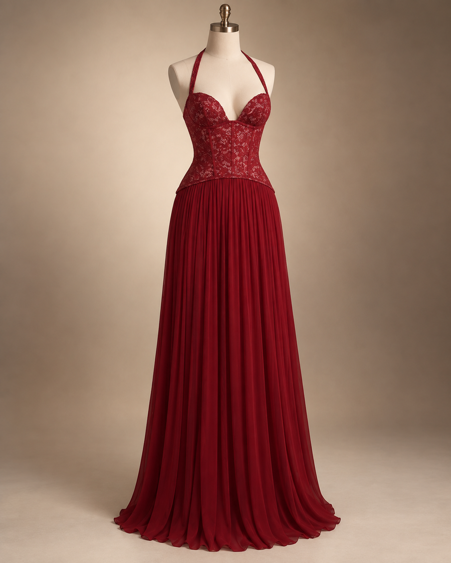 Bordeaux Lace Bodice Maxi Dress
