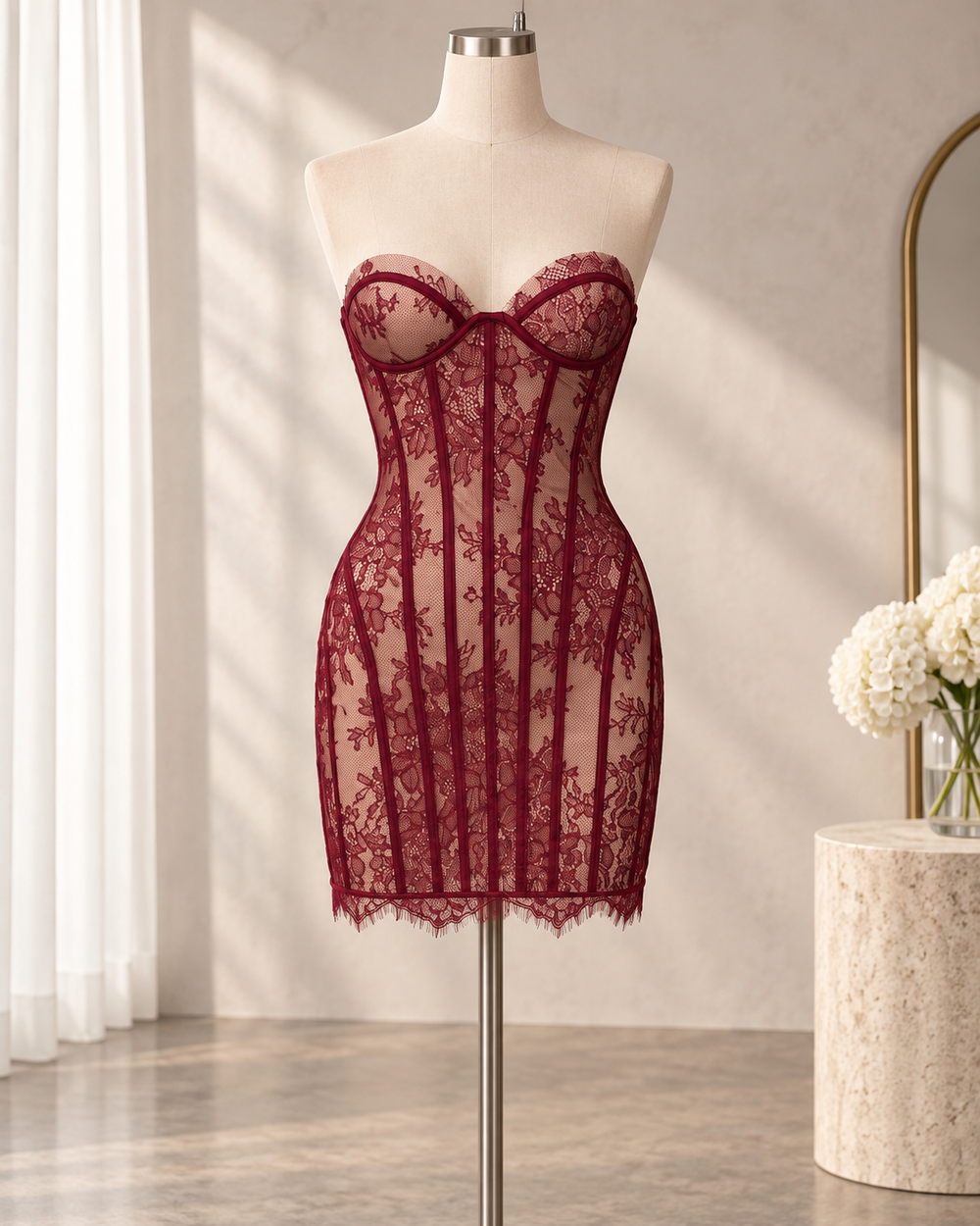 Merlot Lace Corset Mini Dress